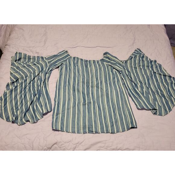 Appraisal Womens Blue Stripe Off Shoulder Shirt Flounce Bell Sleeve Imported Sm - Picture 2 of 8